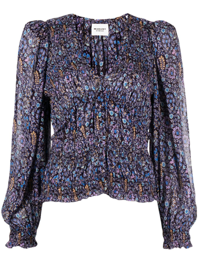 Isabel Marant Étoile Floral-print V-neck Silk Blouse In Blue