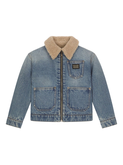 Dolce & Gabbana Kids' Shearling-collar Denim Jacket In Blue
