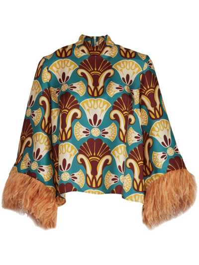 La Doublej Feather-trim Graphic-print Top In Brown