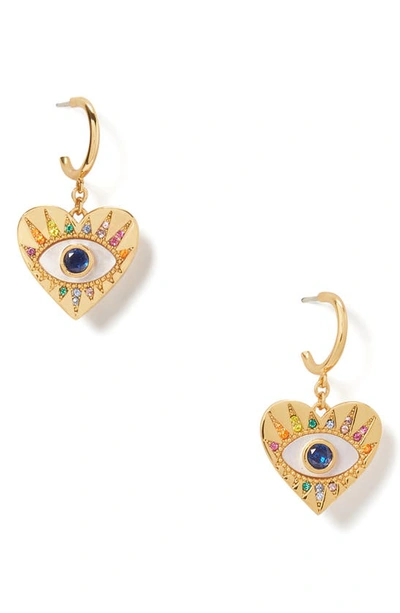 Kate Spade Gold-tone Multicolor Cubic Zirconia Evil Eye Heart Charm Huggie Hoop Earrings In Gold/multi