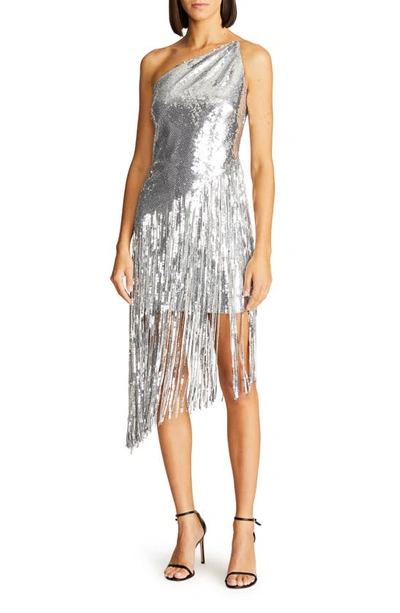 Halston Tonya One-shoulder Sequin Fringe Midi Dress In Chalk Silver