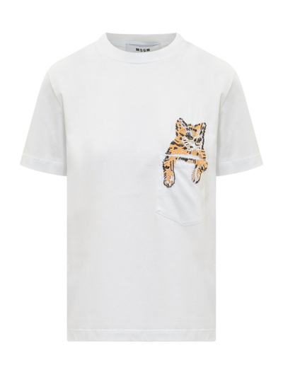 Msgm Cat-embellished Cotton T-shirt In White