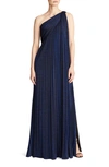Halston One-shoulder Pleated Knit Gown In Navy
