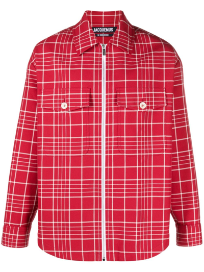 Jacquemus Le Blouson Montagne Checked Spread-collar Relaxed-fit Cotton Jacket In Red