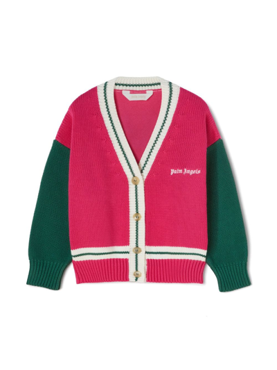 Palm Angels Kids' Bear-print Colour-block Cardigan In Pink