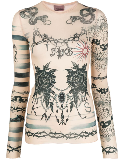 Jean Paul Gaultier Tattoo-print Long-sleeved Top In Beige