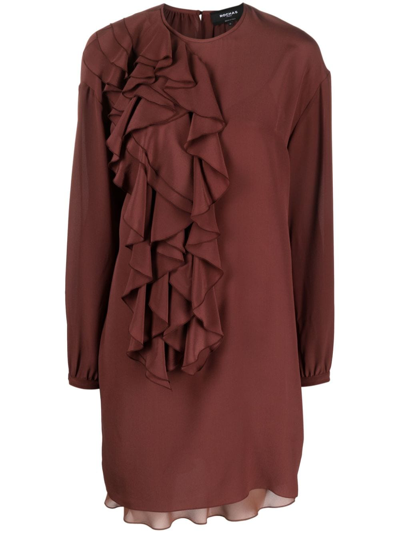 Rochas Ruffled Long-sleeve Silk Minidress In Medium Brown