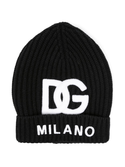 Dolce & Gabbana Kids' Raised-logo Ribbed Beanie In Black