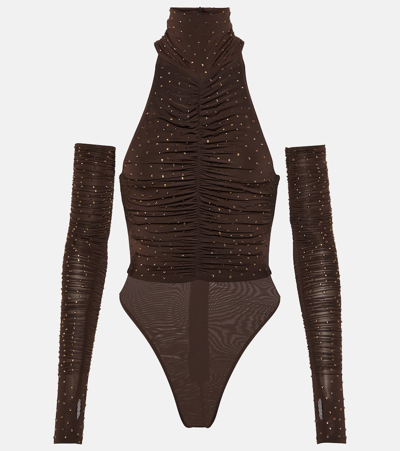 Alex Perry Arlie Crystal-embellished Jersey Ruched Bodysuit With Gloves In Brown