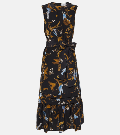Erdem Bird-print Belted Sleeveless Ruffle-hem Midi Dress In Patterned Black