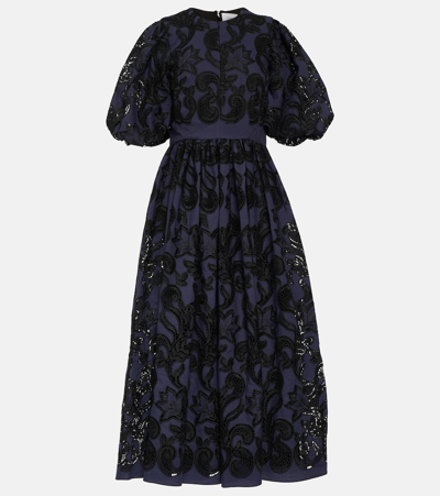 Erdem Open-back Pleated Broderie Anglaise Voile Midi Dress In Navy