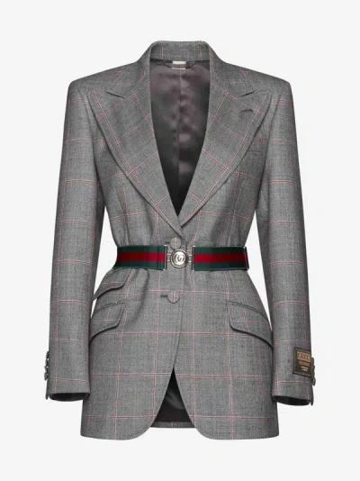 Gucci Web Belted Check Wool Blazer