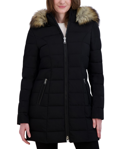 Laundry By Shelli Segal Women's Stretch Faux-fur Trim Hooded Puffer Coat In Black