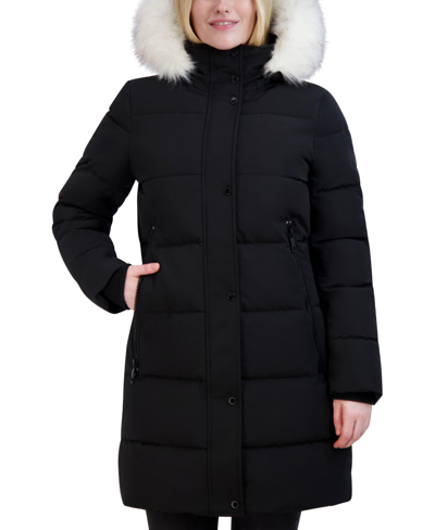 Nautica Women's Faux-fur-trim Hooded Puffer Coat In Black