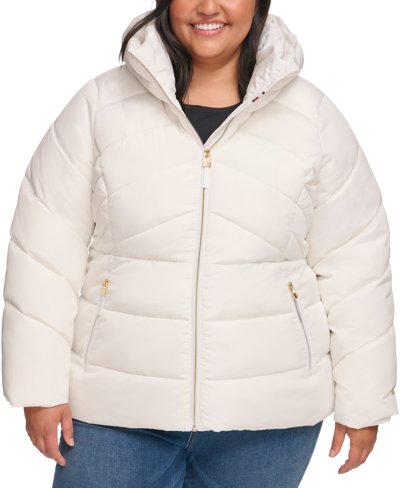 Tommy Hilfiger Women's Plus Size Hooded Puffer Coat In White