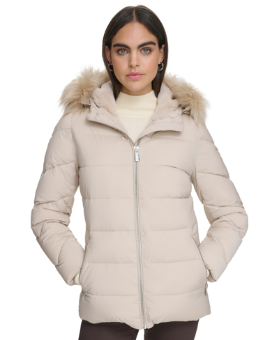 Calvin Klein Women's Stretch Faux-fur-trim Hooded Puffer Coat In Smokey Taupe