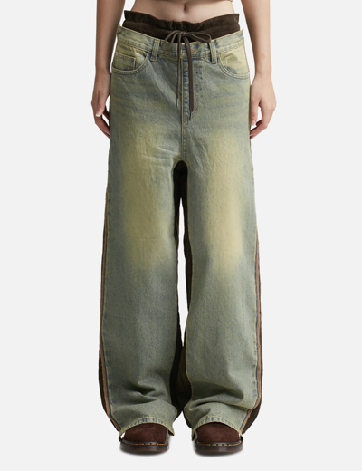 Open Yy Blue & Brown Paneled Jeans