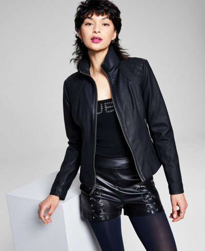 Guess Women's Faux-leather Stand-collar Jacket, Created For Macy's In Black