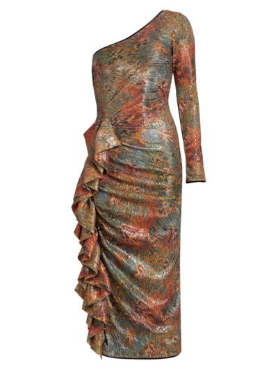 Chiara Boni La Petite Robe Delphi One-shoulder Sequin Ruffle Midi Dress In Venerato