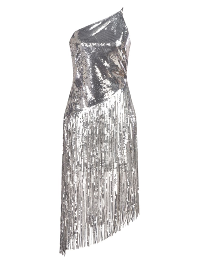 Halston Tonya One-shoulder Sequin Fringe Midi Dress In Chalk Silver
