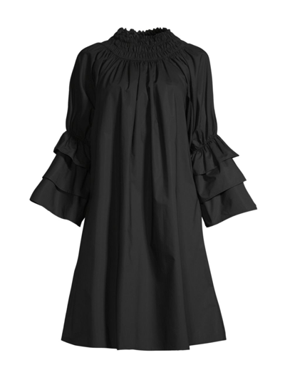 Harshman Daphne Ruched Tiered-sleeve Mini Shift Dress In Black Poplin