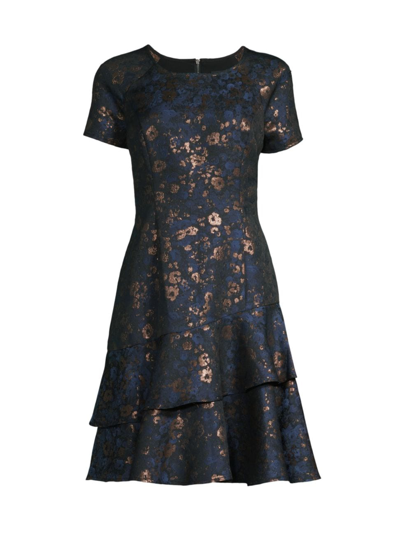 Shani Tiered Flounce Brocade Fit & Flare Dress In Blue