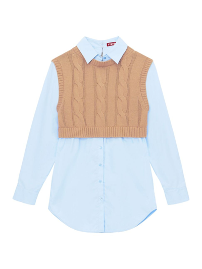 Staud Cooper Knit Vest And Poplin Long-sleeve Combo Shirt In Camel French Blue