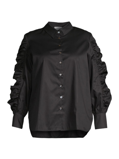 Harshman Juliana Ruched Sleeve Cotton Button-up Shirt In Black