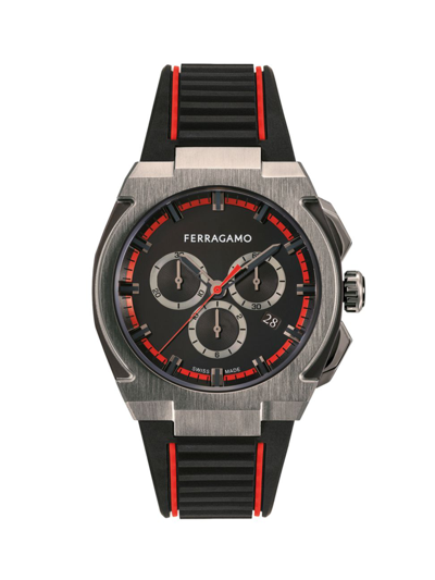 Ferragamo Men's 43mm Supreme Chrono Watch With Polyurethane Strap, Gunmetal In Ip Black/black/red