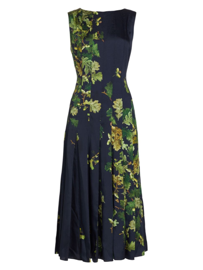 Oscar De La Renta Acorn-print Cady Inset Pleated Midi Dress In Greennavy