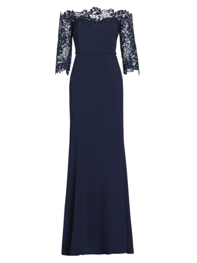 Oscar De La Renta Women's Lace-embellished Off-the-shoulder Gown In Navy