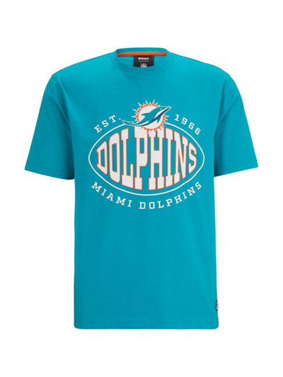 Hugo Boss Boss X Nfl Stretch-cotton T-shirt With Collaborative Branding In Dolphins