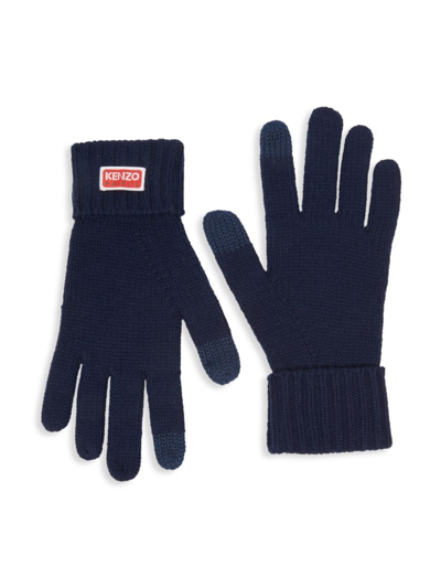 Kenzo Logo-patch Knitted Gloves In Midnight Blue
