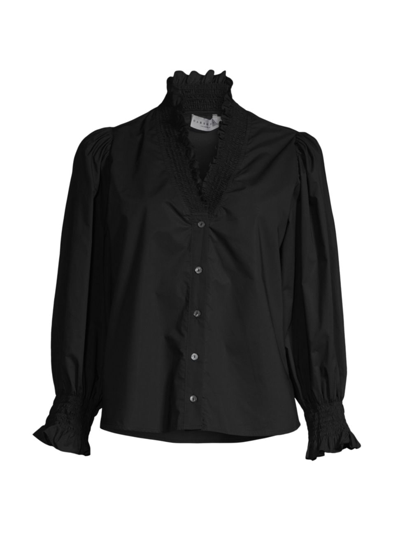 Harshman Women's Bonnie Ruffled V-neck Cotton Shirt In Black Poplin