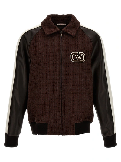 Valentino Cotton-blend Tweed And Leather Bomber Jacket In Brown