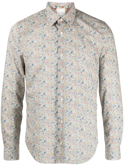 Paul Smith Soho Micro Floral Print Slim Fit Shirt In White/green/blue
