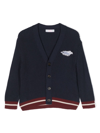 There Was One Logo-patch Ribbed V-neck Cardigan In Blue