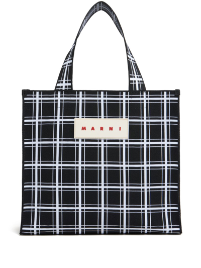 Marni Plaid Logo-tag Tote In Black