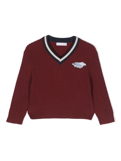 There Was One Logo-patch Ribbed V-neck Jumper In Red