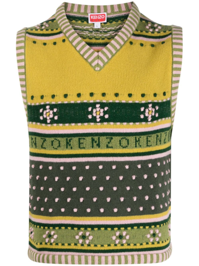Kenzo Fair Isle Intarsia-knit Waistcoat In Green