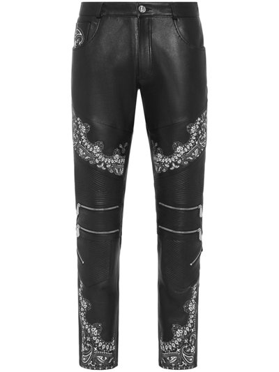 Philipp Plein Slim-cut Leather Trousers In 黑色