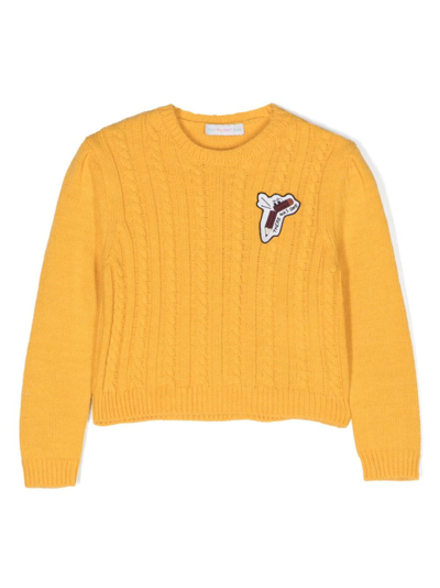 There Was One Logo-patch Cable-knit Jumper In Yellow