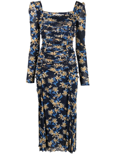Diane Von Furstenberg Amelie Ruched Floral-print Stretch-chiffon Midi Dress In Midnight Blue
