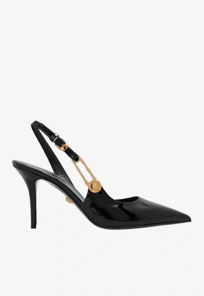 Versace 90 Pointed Leather Pumps In Black