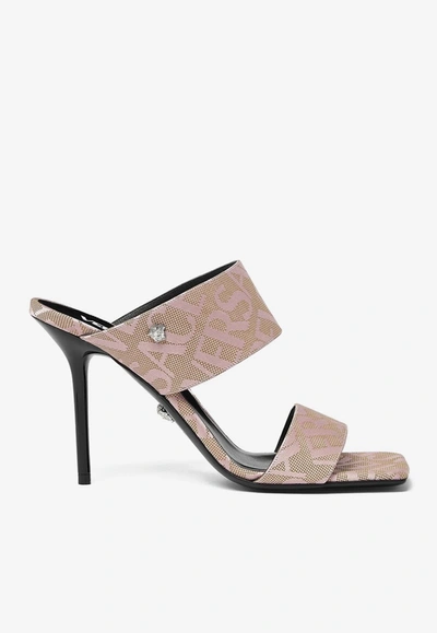 Versace Embroidered Jacquard Cavas Allover Mules In Beige