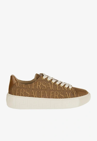 Versace Beige Low Top Sneakers With Logo Print And Greca Sole In Canvas Man In Brown