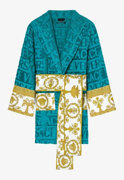 Versace All-over Logo Short Bathrobe In Blue