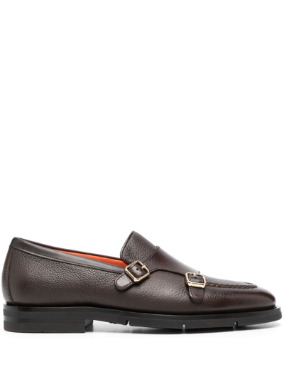 Santoni Dong Leather Monk Shoes In Brown