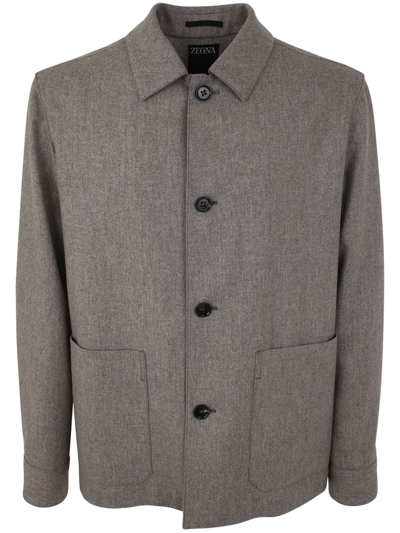 Zegna Pure Wool Flannel Chore Jacket In Marrón