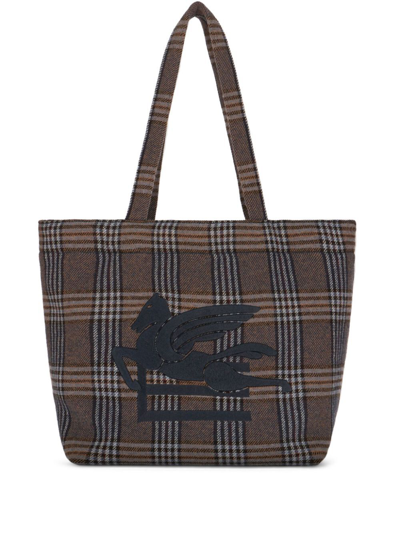 Etro Logo Embroidery Check Canvas Tote Bag In Navy Blue